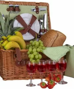 Flash-uitverkoop 👏 EKEO Picknickmand 28-delig - Incl. Servies En Bestek - Picknickset Voor 4 Personen - Rieten Mand - PU-leer - Groen 🌟