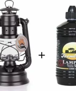Promo ⭐ Feuerhand 276 Olielamp / Stormlamp Mat Zwart + 1 Liter Farmlight Lampolie ⌛