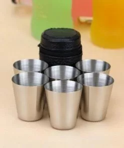 Korting 🔥 Faas Commerce 6x Rvs Shot Bekertjes - Borrelglaasjes - Thee/ Koffie Beker - Shotjes Met Leren Case - Bekers 30 ML ❤️