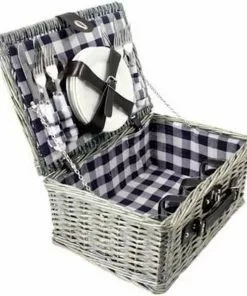 Coupon 🥰 Svenska Living - Picknickmand - 21delig - 4 Personen - Blauwe Ruit - 40cmx28cmx18cm 🔔