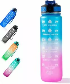 Beste Pirce β¨ Locolta Motivatie Waterfles - 1 Liter Drinkfles - Drinkfles Met Tijdsmarkering - Drinkfles Met Rietje - Lekvrije Drinkfles - Blauw Met Roos π