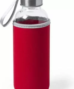 Coupon 🎉 Bellatio Design Glazen Waterfles/drinkfles Met Rode Softshell Bescherm Hoes 420 Ml - Sportfles - Bidon 🎁