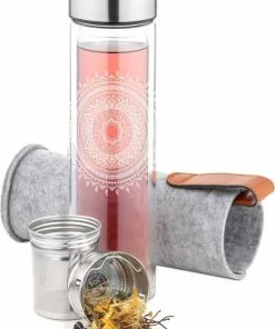 Korting 𧨠Navaris Glazen Theefles Met Filter - 500 Ml - Waterfles Van Glas - Dubbelwandige Drinkfles - Fles Met Dop, Thee Infuser En Hoes - Indian Sun β€οΈ